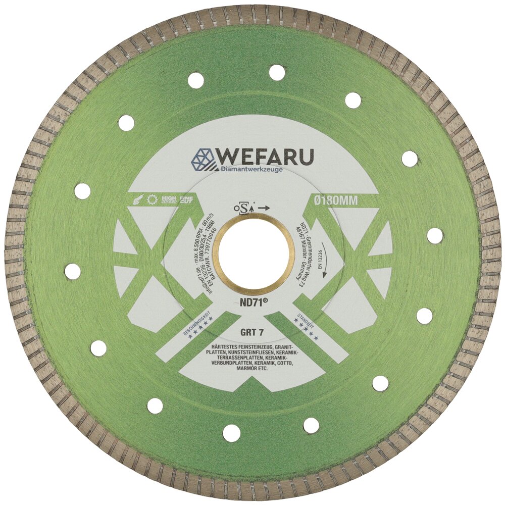 WEFARU Diamanttrennscheibe GRT 7 Ø 180 mm, 25,4 mm Bohrung – für 2 cm Feinsteinzeug & 4 cm Granit – ideal für Fliesenleger, GaLaBau