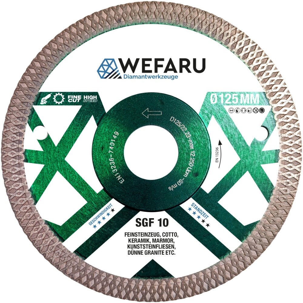 WEFARU Diamant-Trennscheibe SGF 10 Ø 125 mm, 22,23 mm Bohrung für Fliesen, Feinsteinzeug, Keramik, Marmor – Trocken – Profiqualität