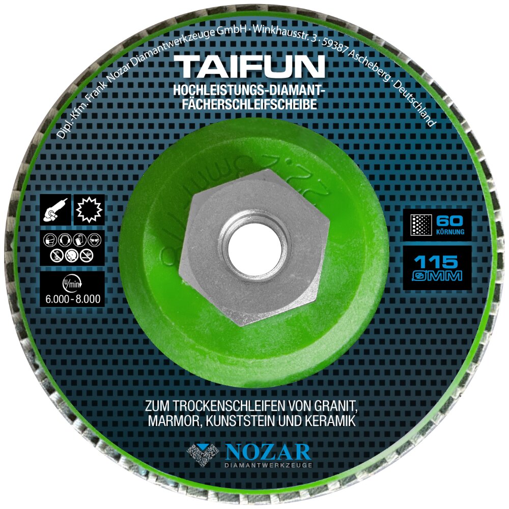 Nozar Diamant Fächerschleifscheibe Taifun Ø 115 mm, M14, Körnung 60, Fächerscheibe für Granit, Keramik & Kunststein