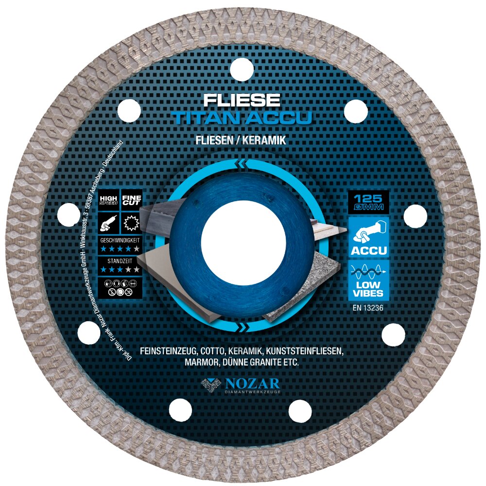 Nozar Diamanttrennscheibe Fliese Titan Accu Ø 125 mm für Feinsteinzeug, dünne Granite, Kunststeinfliesen, Keramik, Cotto, Marmor, etc.