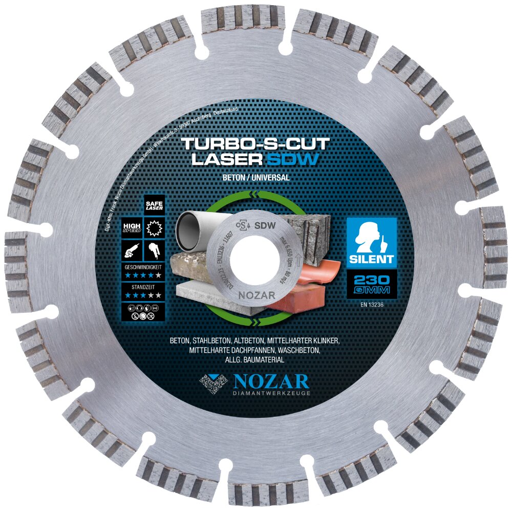 Nozar Diamanttrennscheibe Turbo S Cut Laser SDW Ø 400 mm, 25,4 mm Bohrung für Beton, Stahlbeton, Altbeton, Waschbeton, Klinker, Dachpfannen, allg.