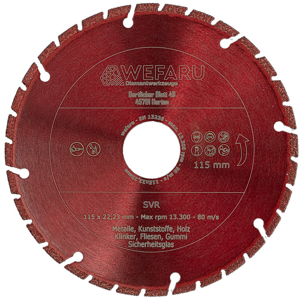 Universal Diamanttrennscheibe SVR Ø 115 mm, 22,23 mm Bohrung für Winkelschleifer für Eisen, Guss, Kunststoffe, GfK, CfK, Holz, Beton etc.