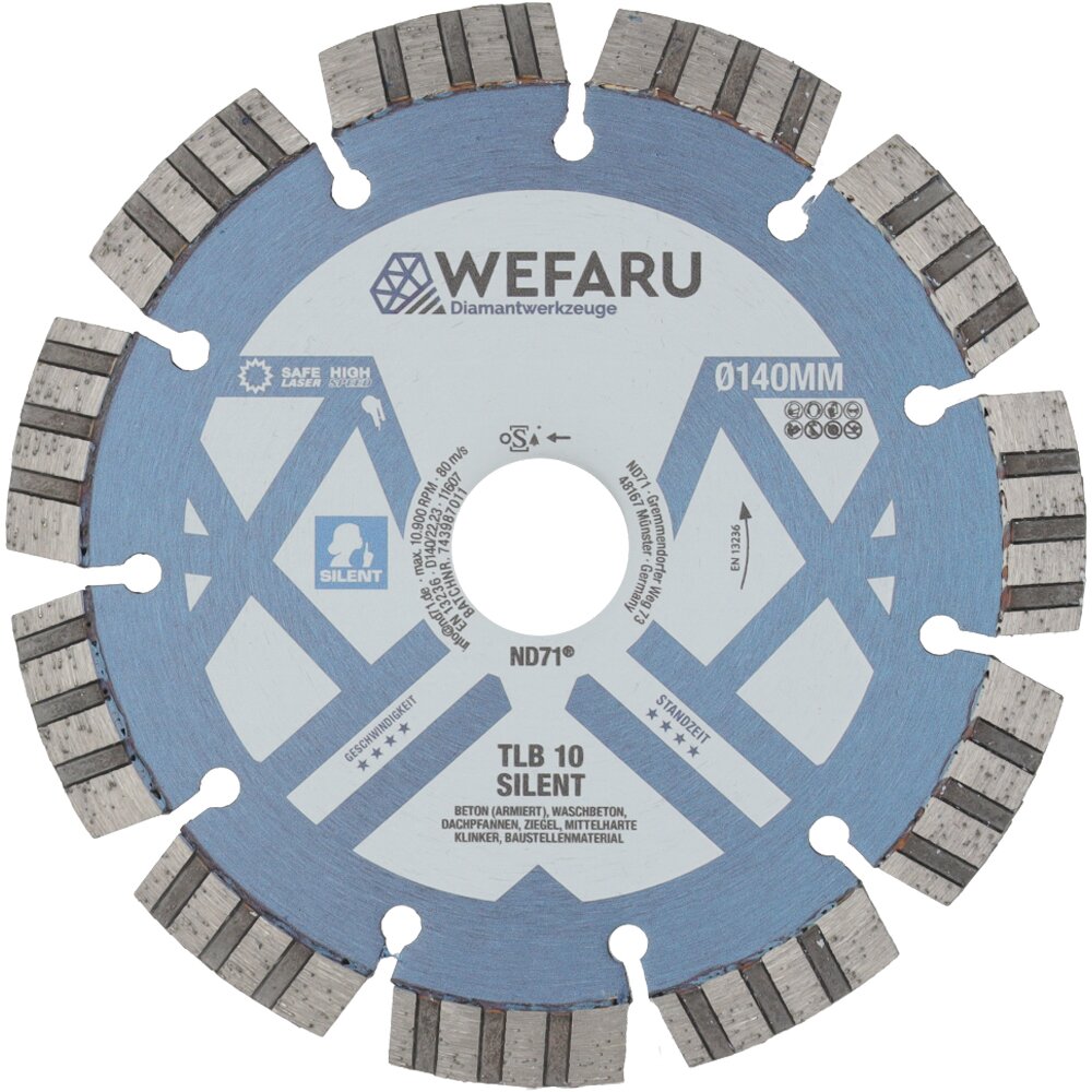 WEFARU TLB 10 Diamanttrennscheibe Ø 140 mm, 22,23 mm Bohrung – Geräuschreduziert, Turbo-Segmente für Beton, Ziegel, Kalksandstein