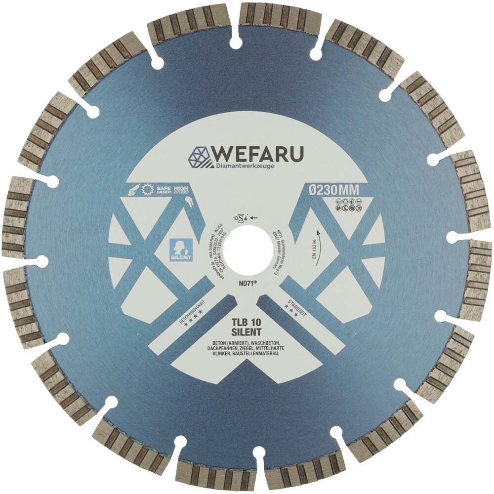 WEFARU TLB 10 Diamanttrennscheibe Ø 230 mm, 22,23 mm Bohrung – Geräuschreduziert, Turbo-Segmente für Beton, Ziegel, Kalksandstein