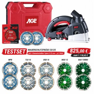 AGP Mauerschlitzfräse CG125 – Testset mit 5 Diamantscheiben (Ø 125 mm, je 2 Stück)